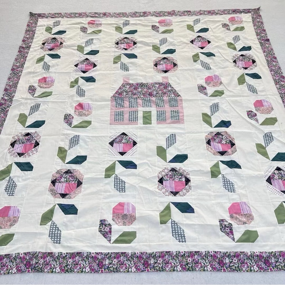Handmade Sweet Home Patchwork Cotton Quilt Top/Topper Machine pieced 86x86”